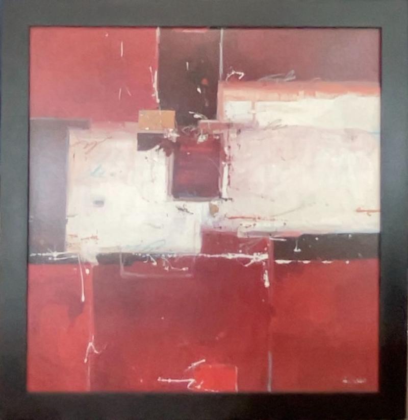 Framed Red Geometrical Square Abstraction